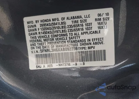 2010 Honda Odyssey Ex-L from USA, damaged, VIN 5FNRL3H6XAB092259